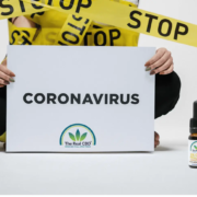 Coronavirus sign with vitamin D capsule and CBD oil
