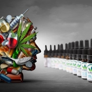The Real CBD bottles line-up in front of head full of drugs