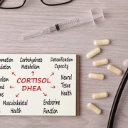 Cortisol DHEA on a note placed on a table with capsules, a syringe and a stethoscope