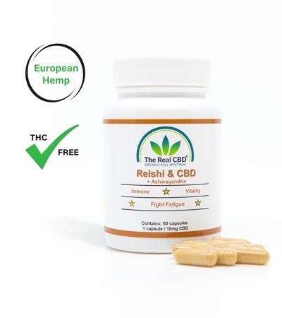 Reishi and CBD capsules in a jar - The Real CBD Brand
