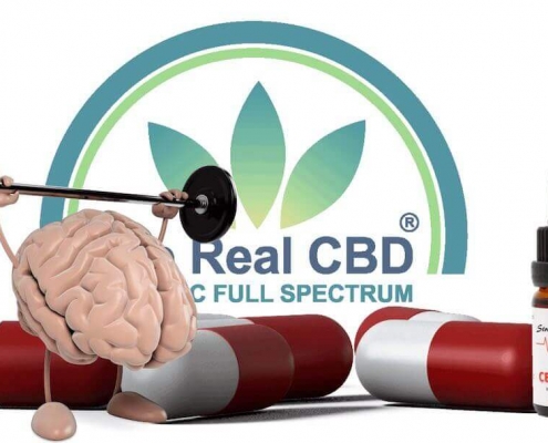Un cerveau de dessin animé soulevant des poids devant le logo de The Real CBD, avec de grosses capsules en arrière-plan.