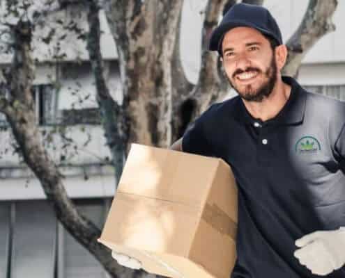 Delivery man with a box and a cap
