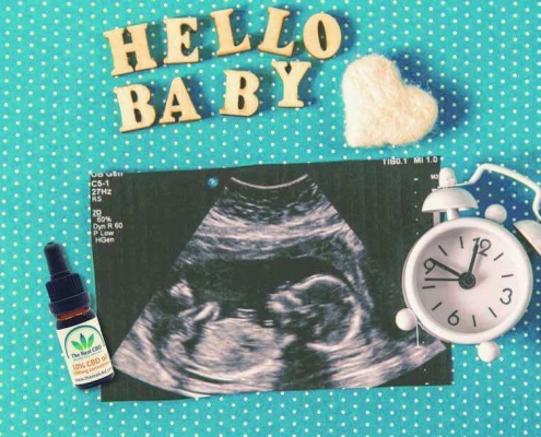 CBD-Öl und ein Schwangerschafts-Ultraschallbild auf einer gepunkteten Fläche mit der Aufschrift HALLO BABY