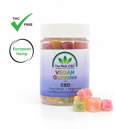 Vegan 15 mg CBD Gummies in a jar - The Real CBD Brand