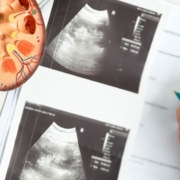 Scan pictures of kidneys with plastic kidney models on the side