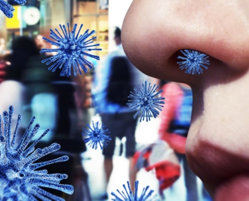 Blue viruses coming out of a nose