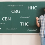 Teacher in front of blackboard with cannabinoid abbreviations on