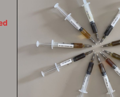 10 syringes laid out in a circle demonstrating different colours of CBD oil
