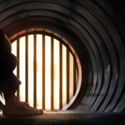 Person sitting in a tunnel with head between the knees