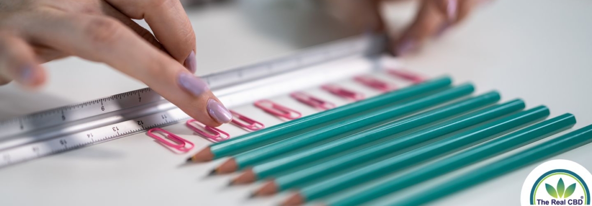 Pencils and paper clips laying in neat lines with a ruler fingers organising it