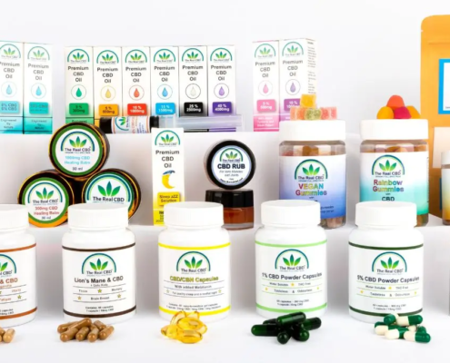 Bright beautiful display of a variety of CBD products - The Real CBD Brand