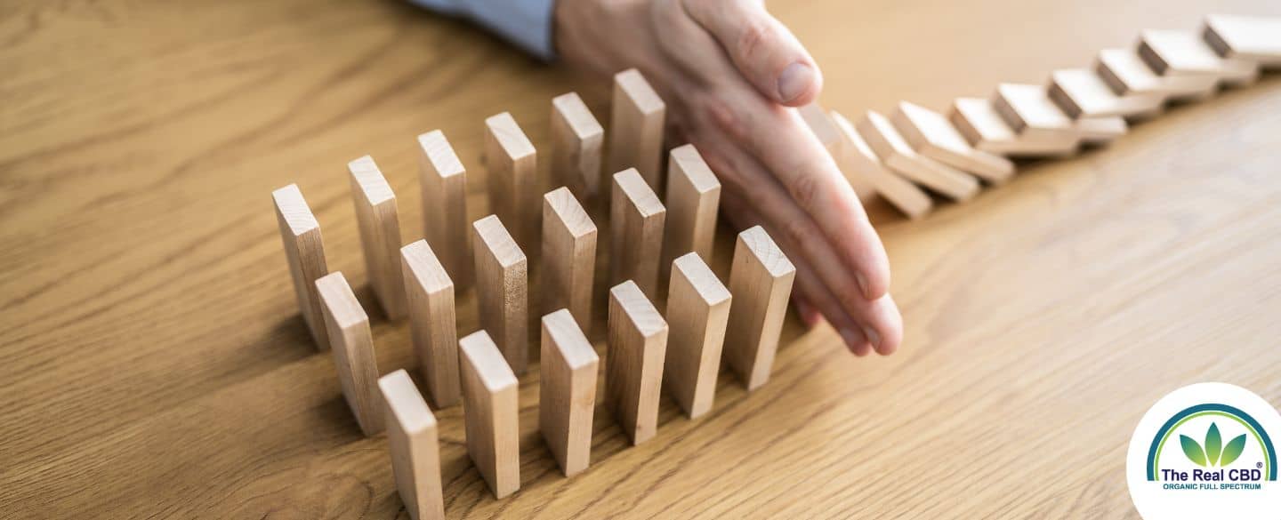 Main empêchant les briques de bois de tomber comme des dominos