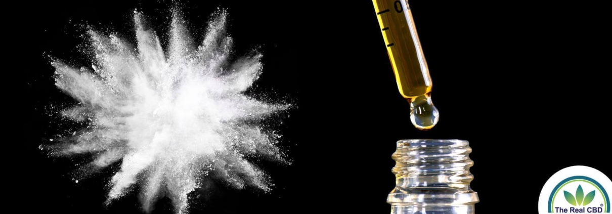 White powder explosion and CBD oil on black background