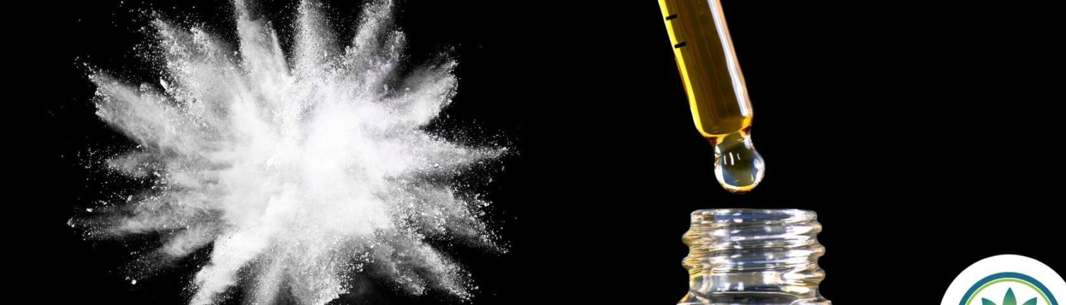 White powder explosion and CBD oil on black background