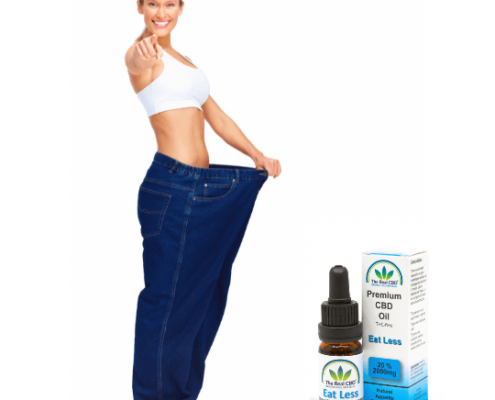 Woman with huge jeans pointing happily