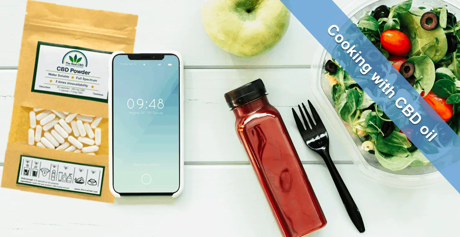 CBD capsules, smartphone and food on a table top