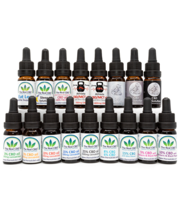 Double line up of CBD tincture bottles - The Real CBD Brand