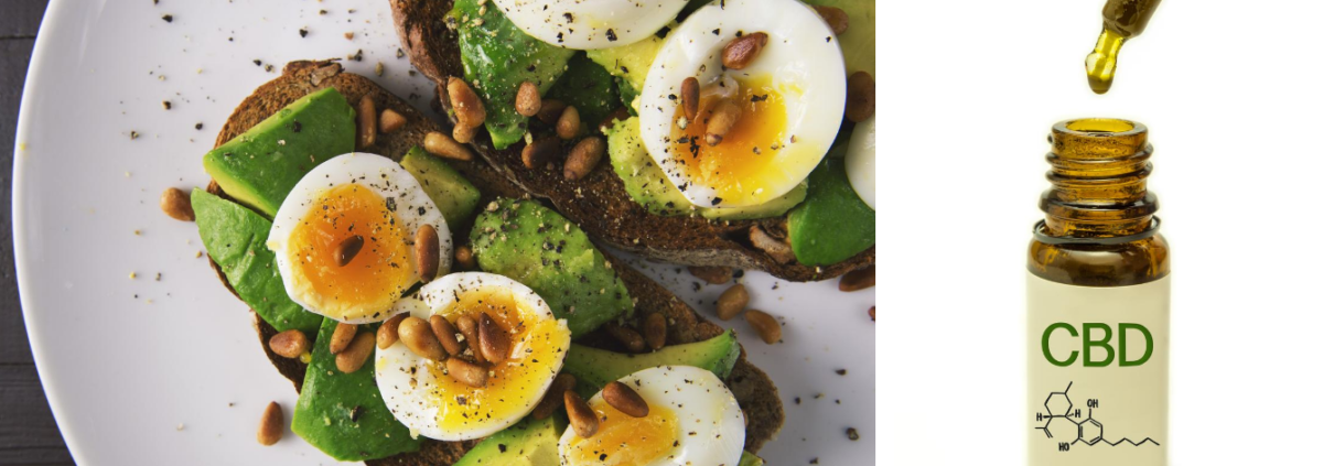 Œufs sur toast à l'avocat avec une bouteille d'huile de CBD à côté