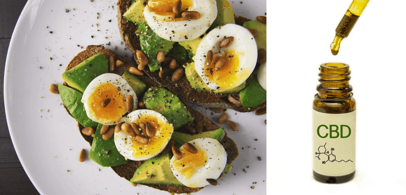 Œufs sur toast à l'avocat avec une bouteille d'huile de CBD à côté