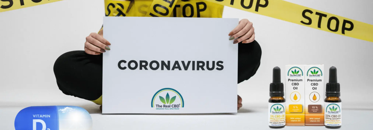 Coronavirus sign with vitamin D capsule and CBD oil