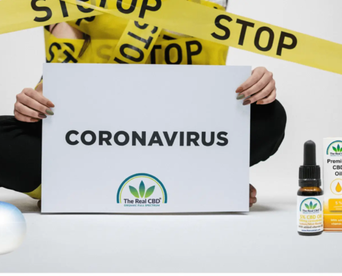 Le signe du coronavirus avec une capsule de vitamine D et de l'huile de CBD