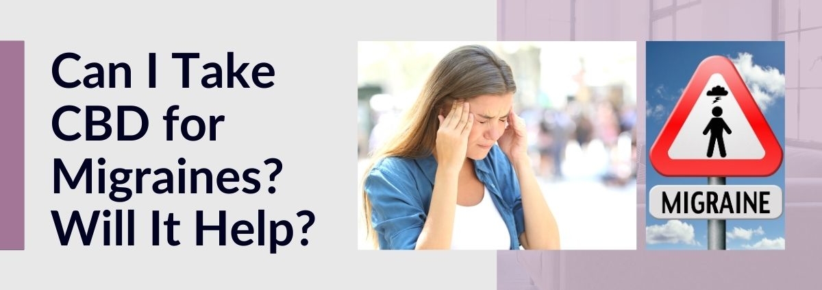 Woman holding her head in front of a migraine road sign