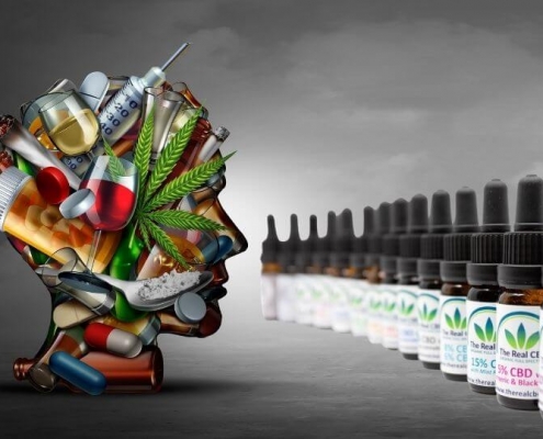 The Real CBD bottles line-up in front of head full of drugs