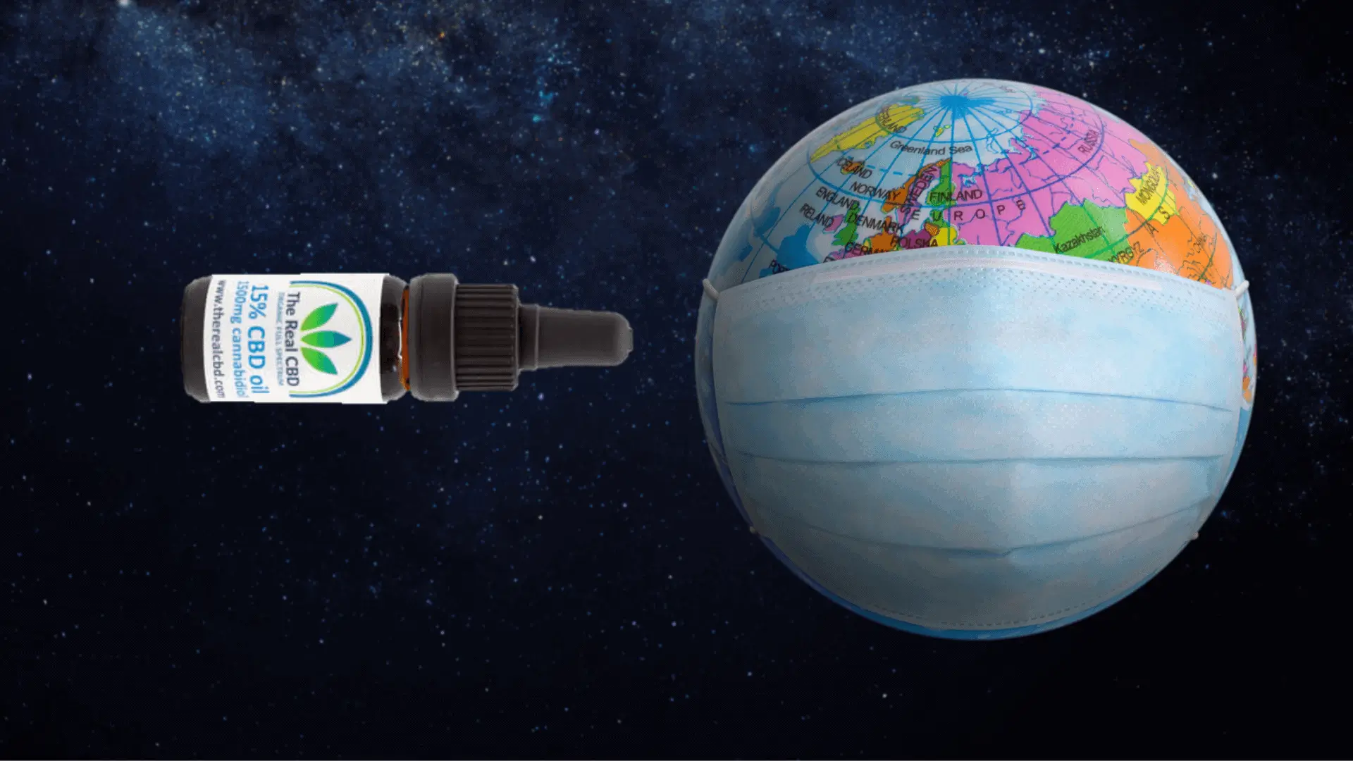 Globe with mask on and a CBD oil