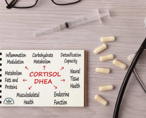 Cortisol DHEA auf einem Zettel, der auf einem Tisch mit Kapseln, einer Spritze und einem Stethoskop liegt