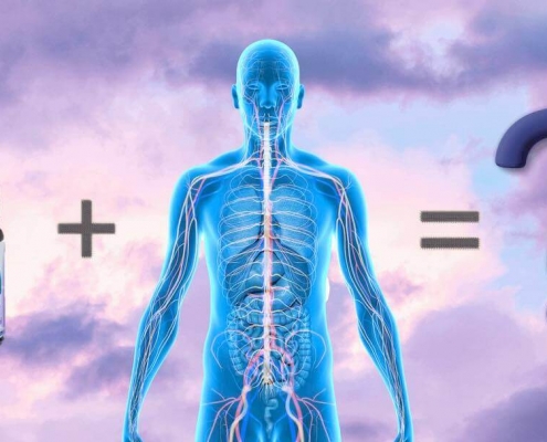 The Real CBD 40% CBD oil + human outline on a purple sky background