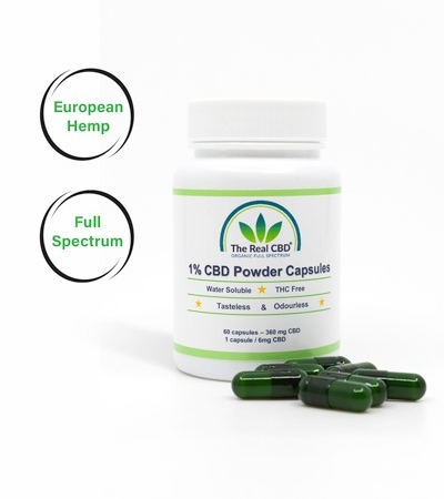 1% CBD powder capsules in a jar - The Real CBD Brand