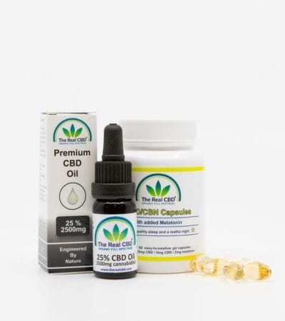 25% CBD bouteille et boîte. Gélules de gel CBD/CBN par pot de gélules - The Real CBD brand