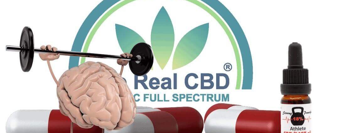 Un cerveau de dessin animé soulevant des poids devant le logo de The Real CBD, avec de grosses capsules en arrière-plan.