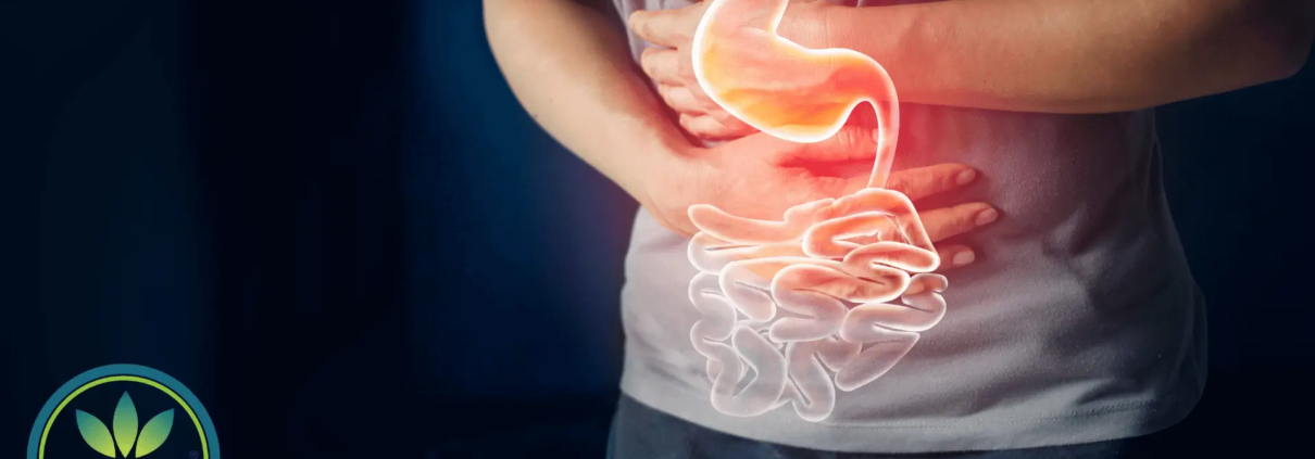 Man holding his stomach with intestines in red