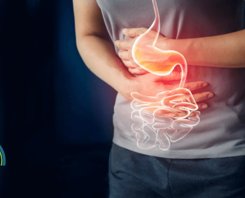 Man holding his stomach with intestines in red