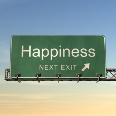 Straßenschild mit der Aufschrift HAPPINESS NEXT EXIT