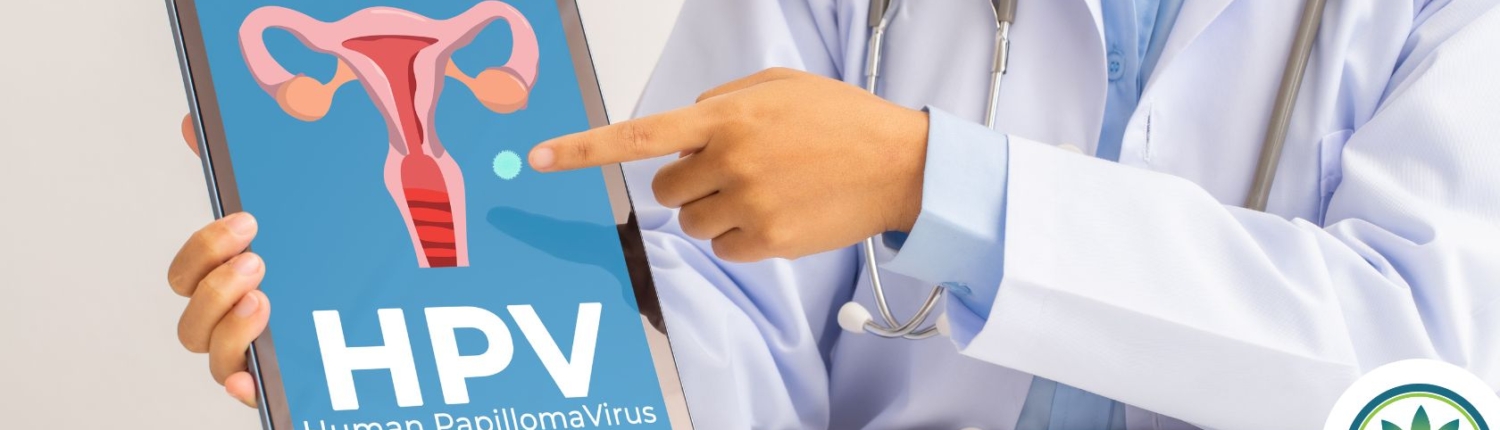 Doctor pointing on tablet with HPV uterus on it