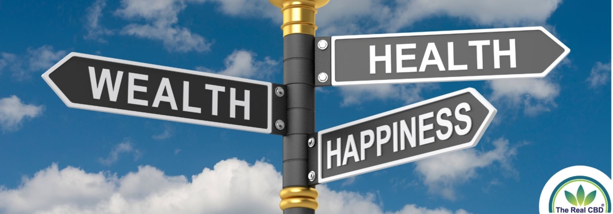 Straßenschild HEALTH WEALTH HAPPINESS (Gesundheit, Wohlstand, Glück), das in jede Richtung zeigt