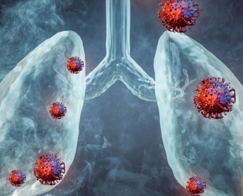 Illustration of lungs with floating bacteria