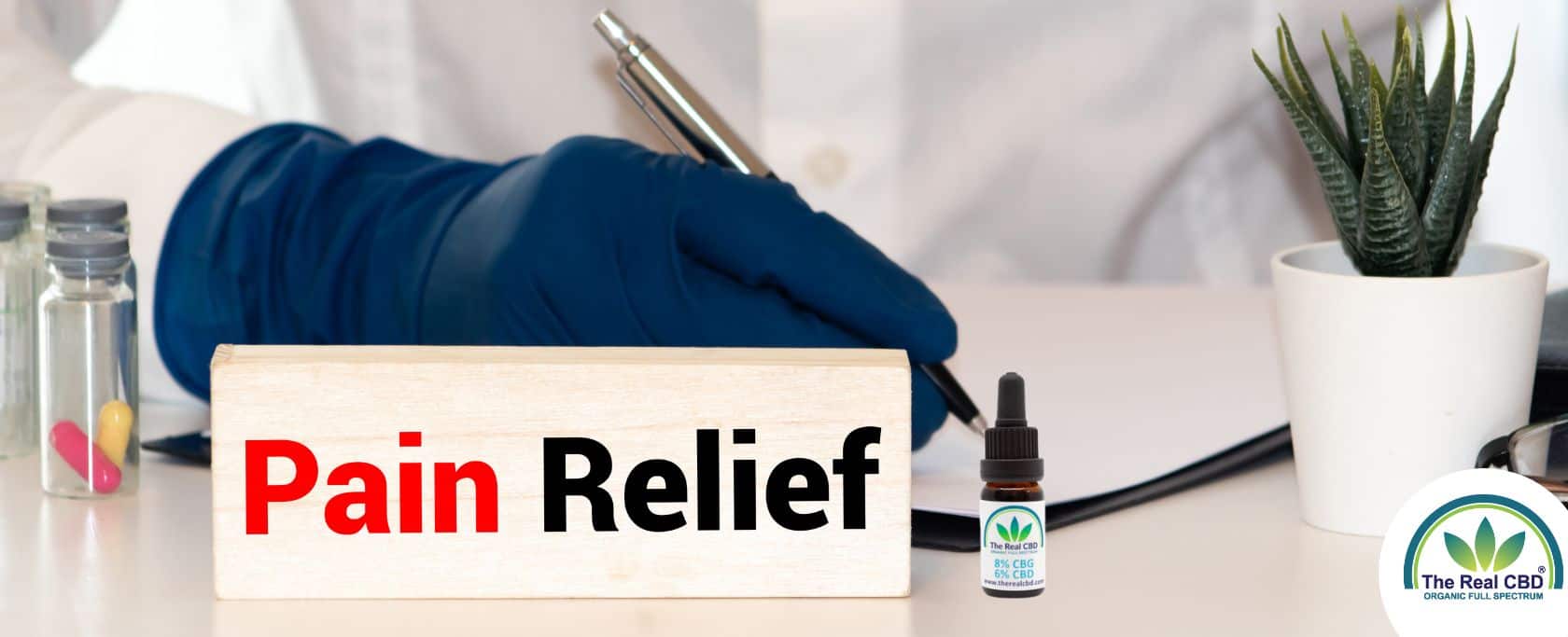 Gloved doctor with PAIN RELIEF sign