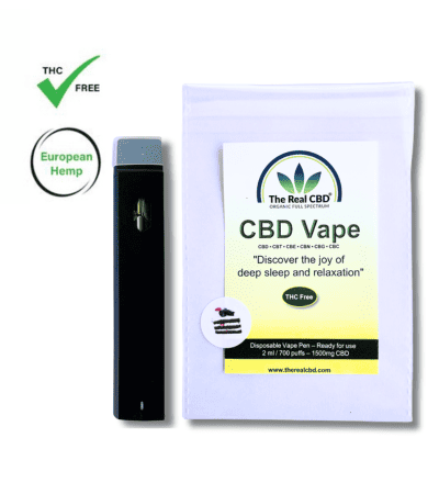 Schwarzer CBD Vape Pen neben der Verpackung - The Real CBD Brand