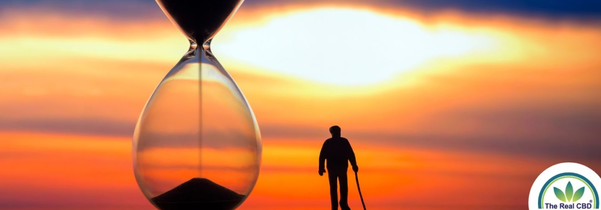 Old man walking next to a time glass