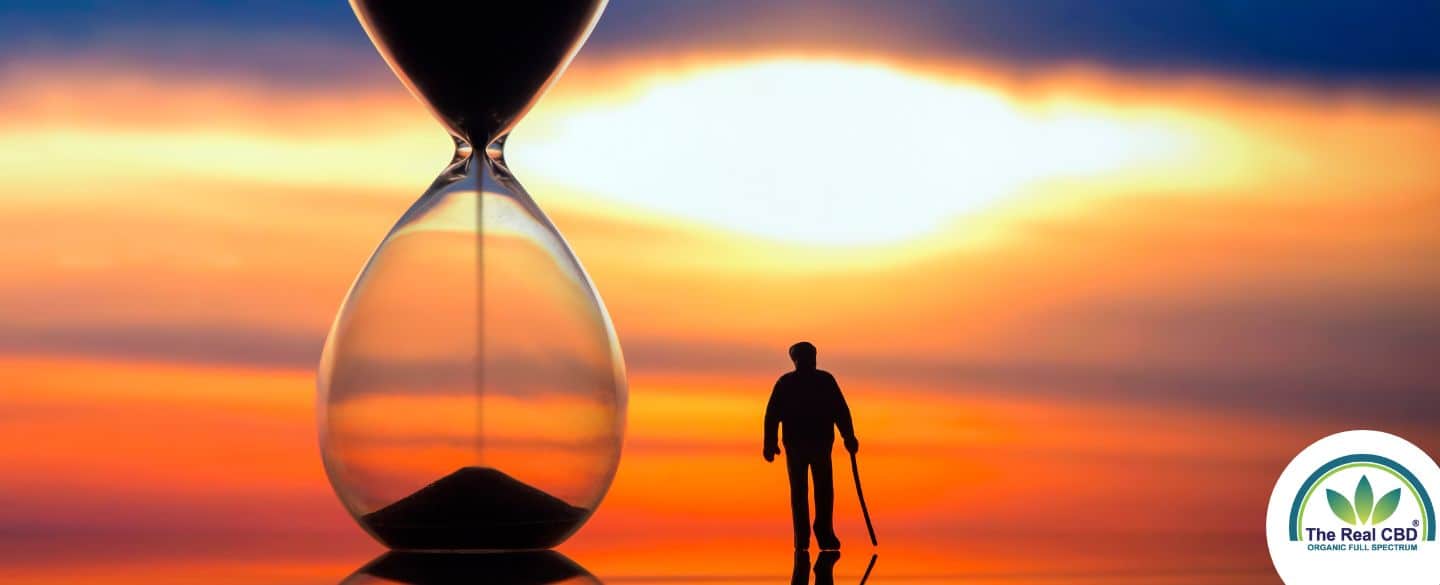 Old man walking next to a time glass