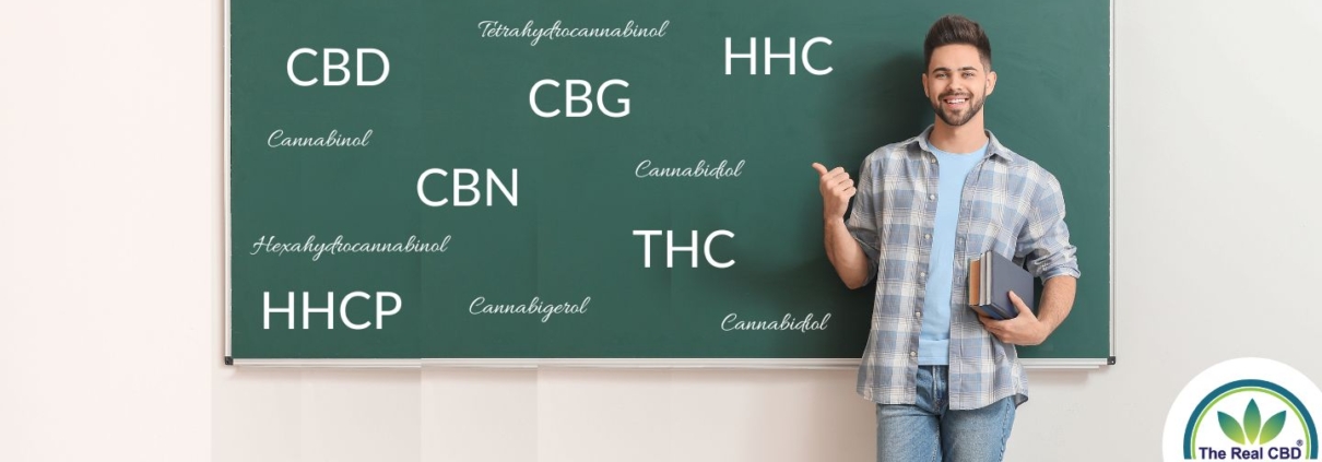 Teacher in front of blackboard with cannabinoid abbreviations on