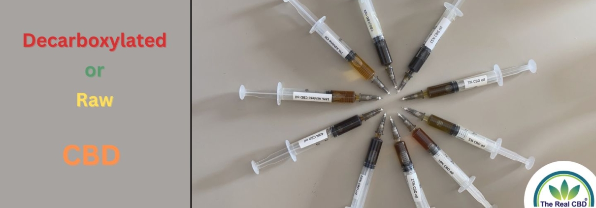 10 syringes laid out in a circle demonstrating different colours of CBD oil