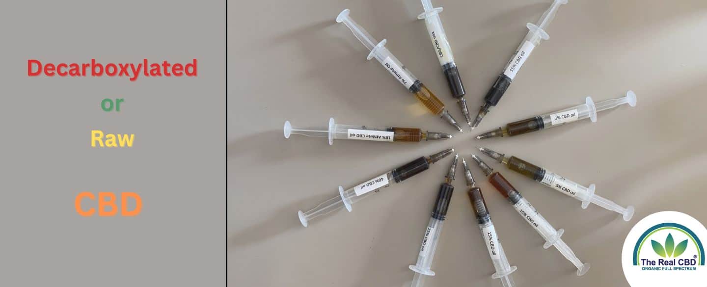 10 syringes laid out in a circle demonstrating different colours of CBD oil