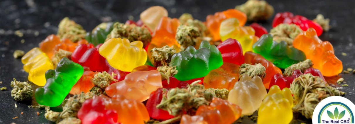 Gummy Bears and dried hemp flowers in a mix