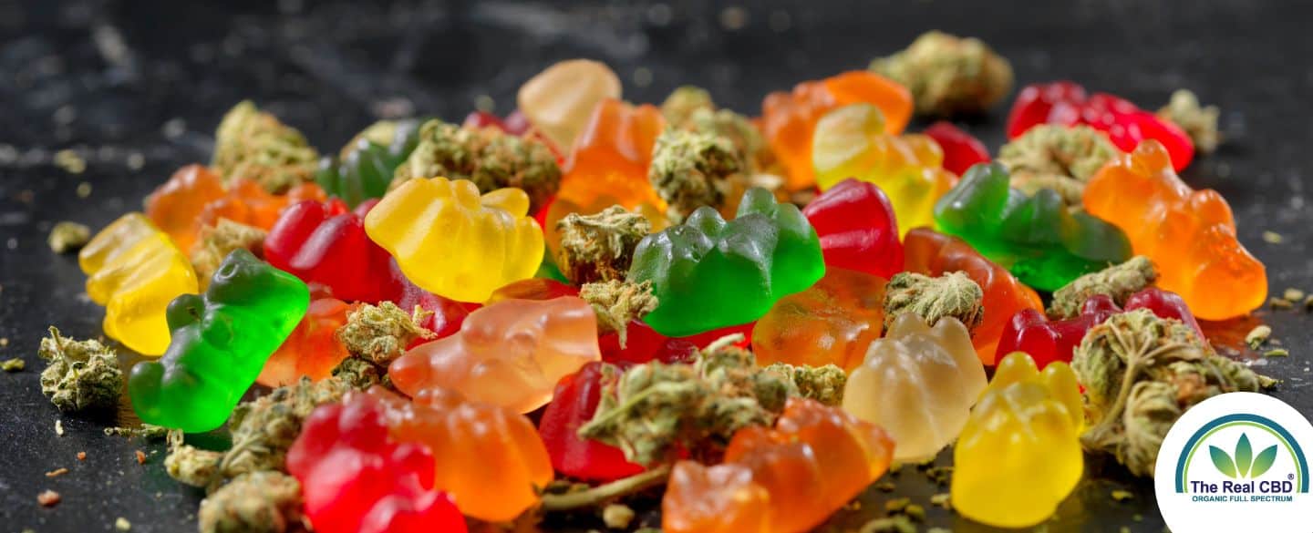 Gummy Bears and dried hemp flowers in a mix