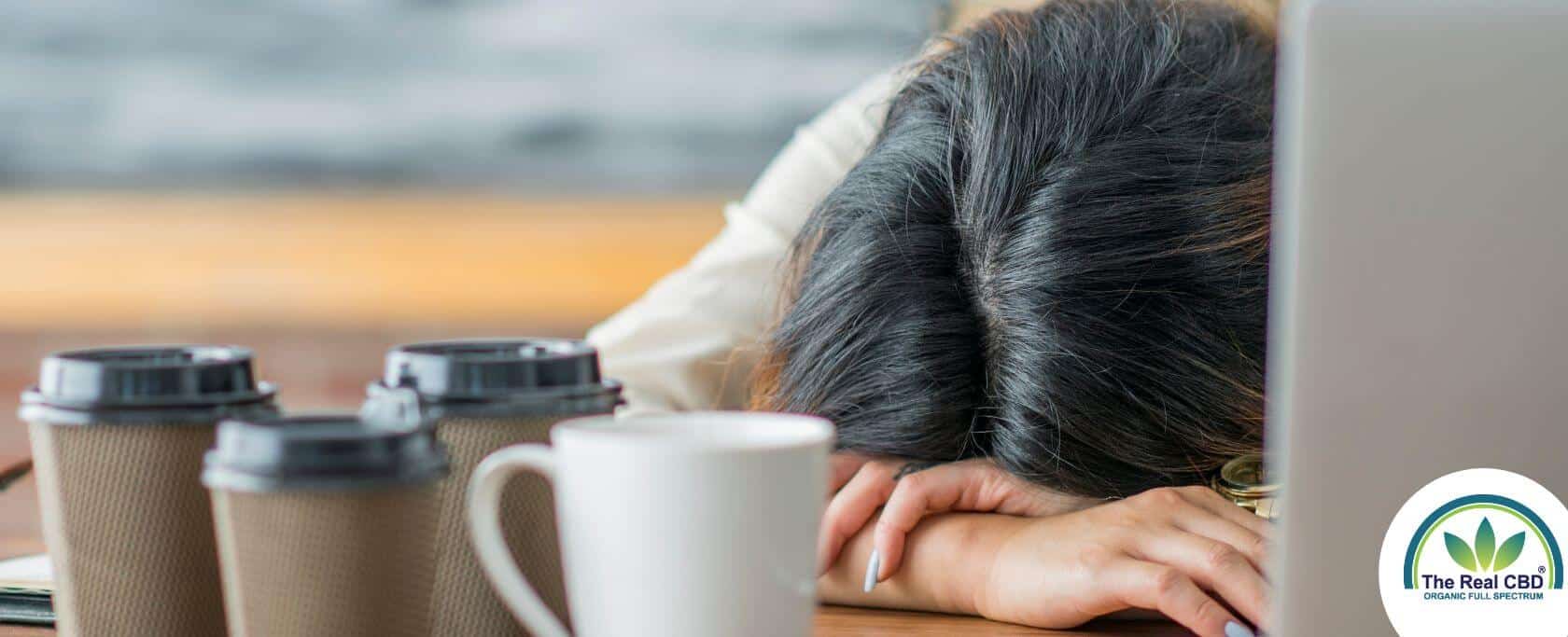 Frau schlafend auf Tisch mit mehreren Kaffeetassen auf