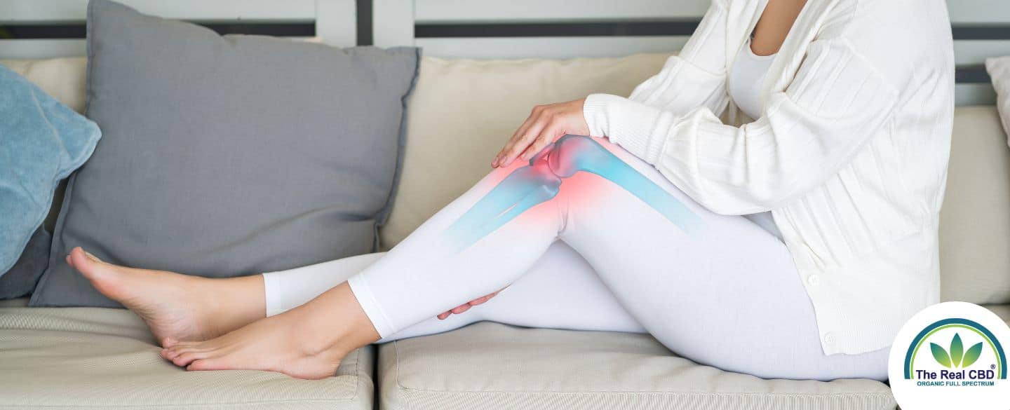 Woman sitting on a sofa, holding her knee joint in pain